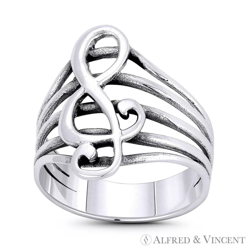 G-Clef Symbol & Musical Staff Charm Wide Ring In .925 Sterling Silver Size 9